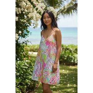 Lilly Pulitzer Silk Slip Dress Small Pink Orange Coral Fish Print Racerback Mini